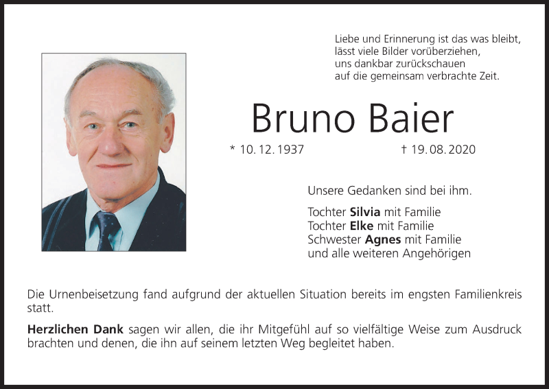  Traueranzeige für Bruno Baier vom 12.09.2020 aus MGO