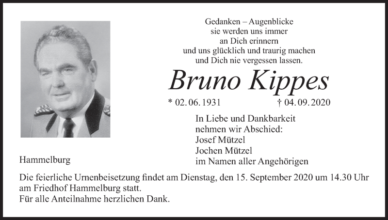  Traueranzeige für Bruno Kippes vom 12.09.2020 aus MGO