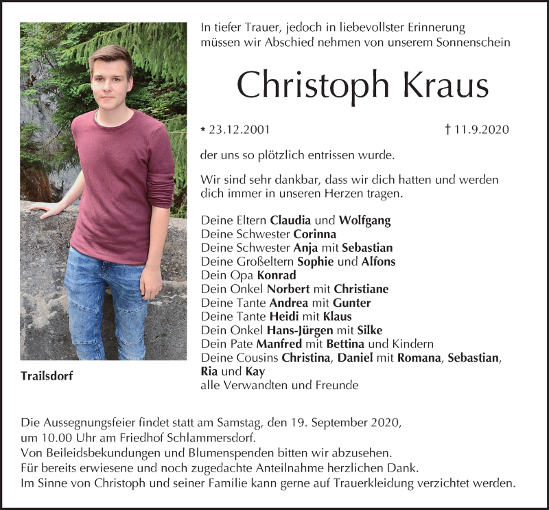  Traueranzeige für Christoph Kraus vom 17.09.2020 aus MGO