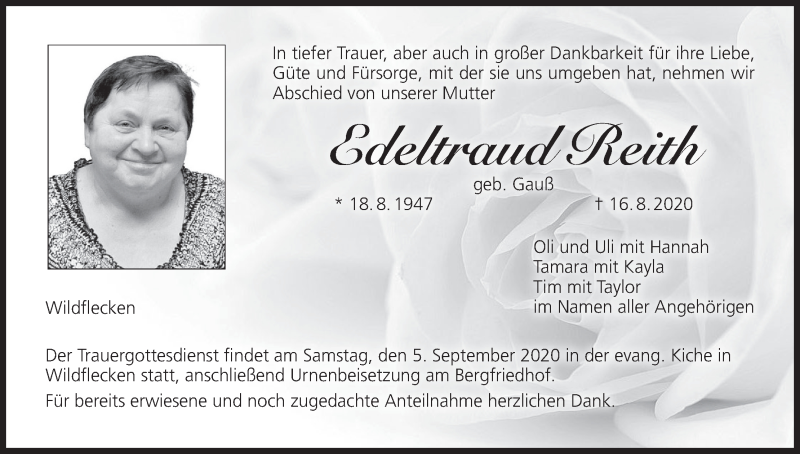  Traueranzeige für Edeltraud Reith vom 01.09.2020 aus MGO