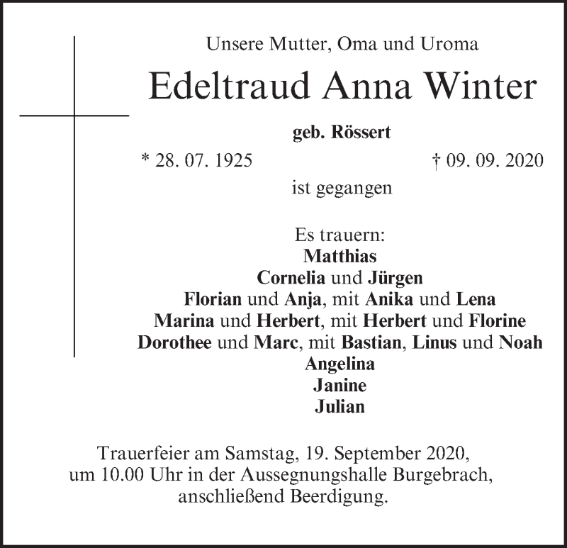  Traueranzeige für Edeltraud Anna Winter vom 12.09.2020 aus MGO