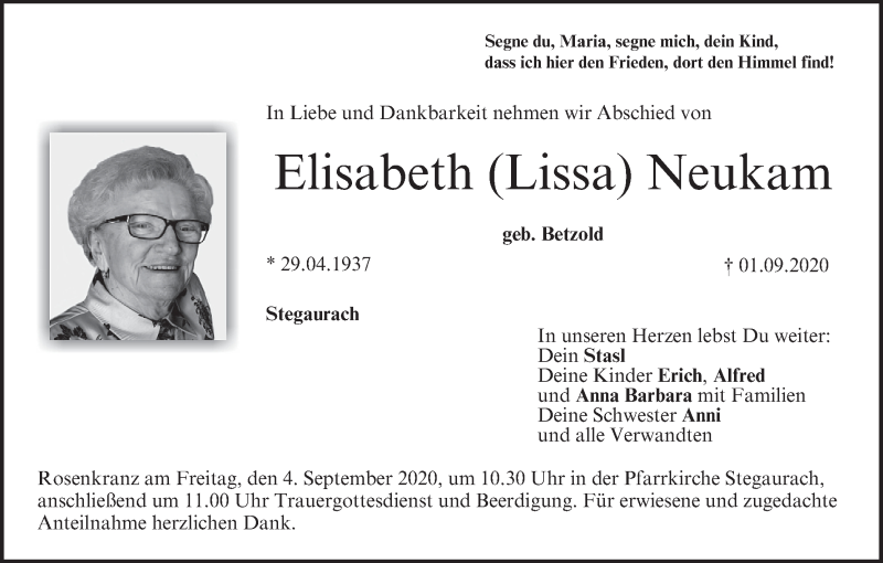  Traueranzeige für Elisabeth Neukam vom 02.09.2020 aus MGO
