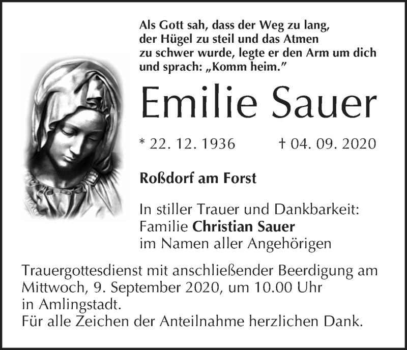  Traueranzeige für Emilie Sauer vom 08.09.2020 aus MGO