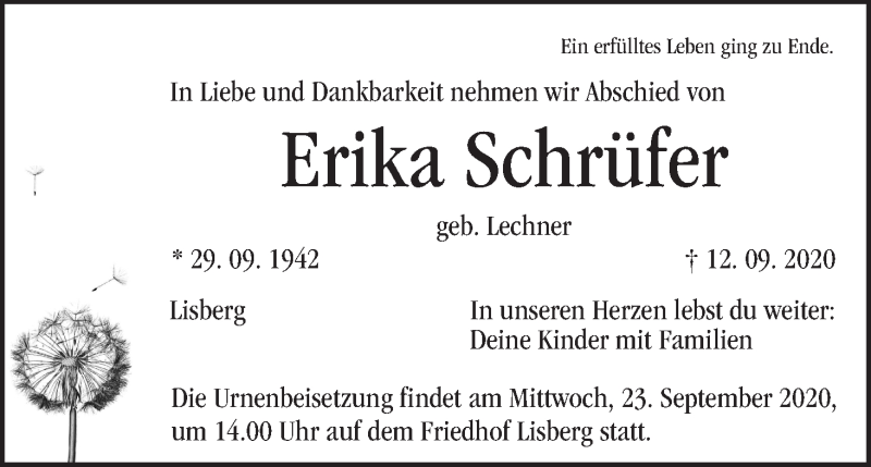  Traueranzeige für Erika Schrüfer vom 19.09.2020 aus MGO