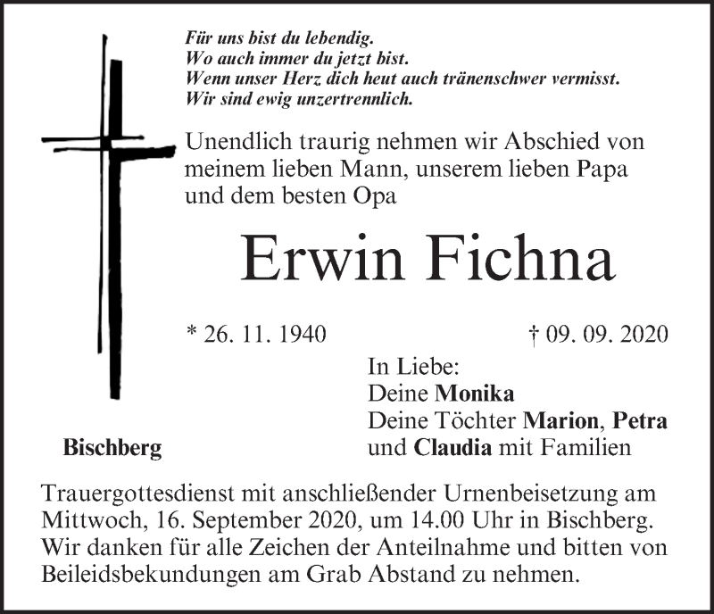  Traueranzeige für Erwin Fichna vom 12.09.2020 aus MGO