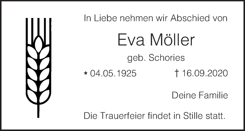  Traueranzeige für Eva Möller vom 19.09.2020 aus MGO