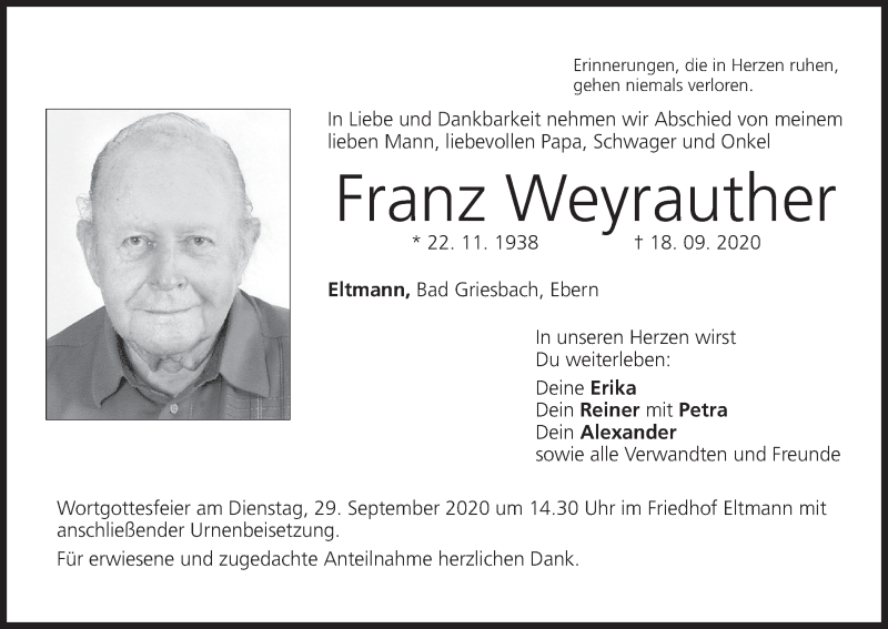  Traueranzeige für Franz Weyrauther vom 26.09.2020 aus MGO