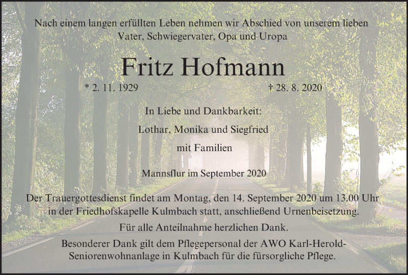  Traueranzeige für Fritz Hofmann vom 05.09.2020 aus MGO
