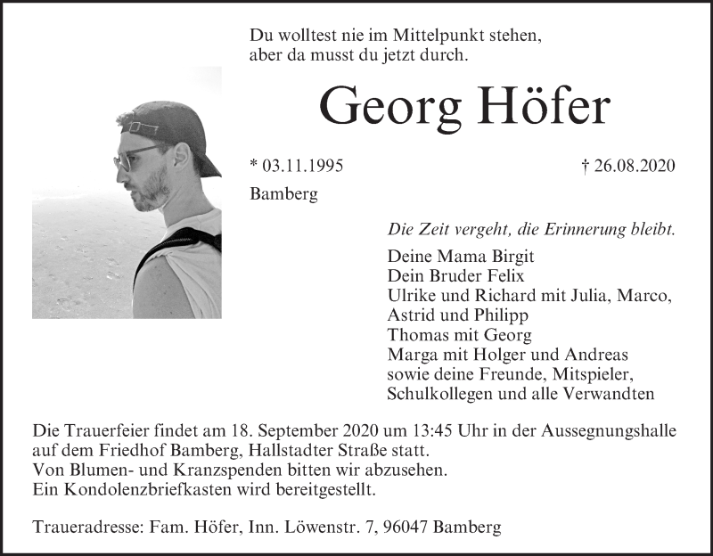  Traueranzeige für Georg Höfer vom 12.09.2020 aus MGO