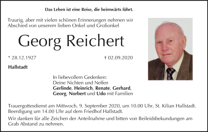  Traueranzeige für Georg Reichert vom 05.09.2020 aus MGO