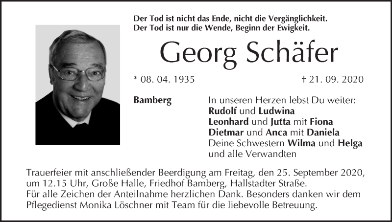  Traueranzeige für Georg Schäfer vom 23.09.2020 aus MGO