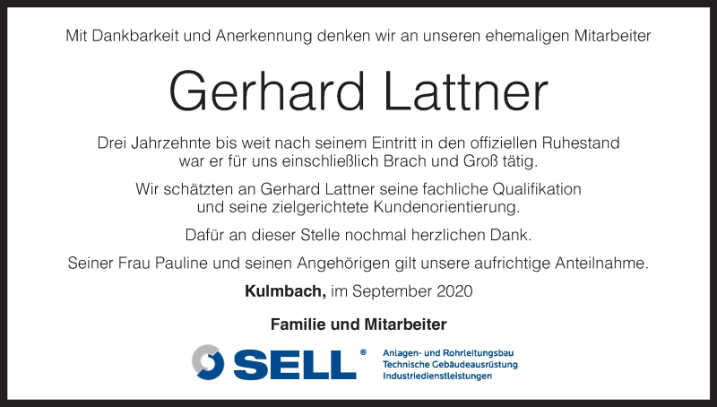  Traueranzeige für Gerhard Lattner vom 10.09.2020 aus MGO