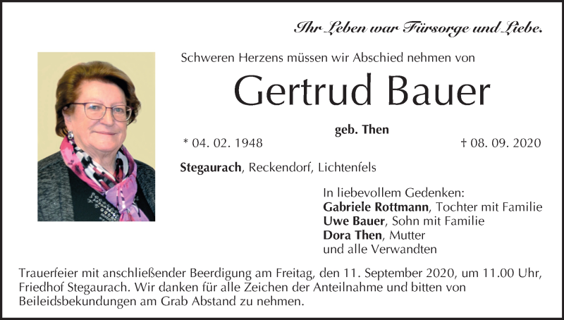  Traueranzeige für Gertrud Bauer vom 09.09.2020 aus MGO