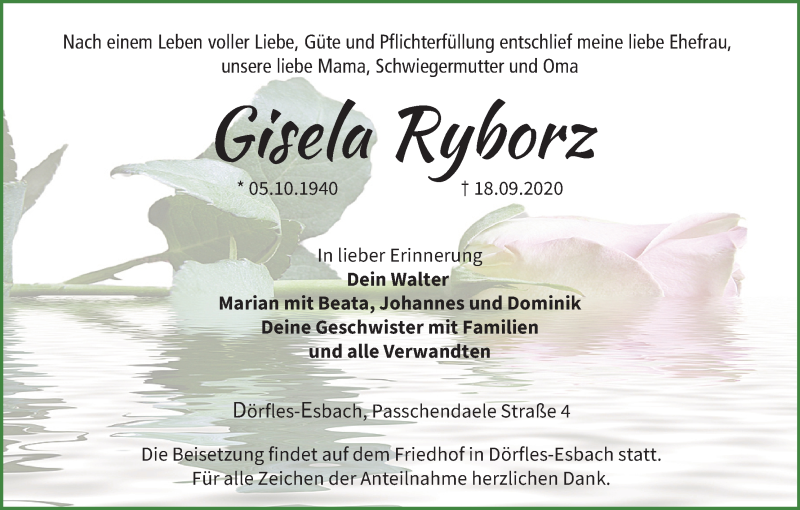  Traueranzeige für Gisela Ryborz vom 26.09.2020 aus MGO