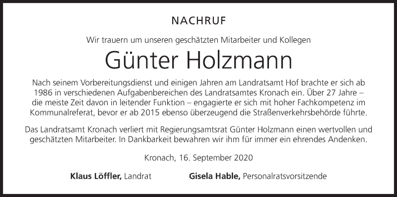  Traueranzeige für Günter Holzmann vom 18.09.2020 aus MGO