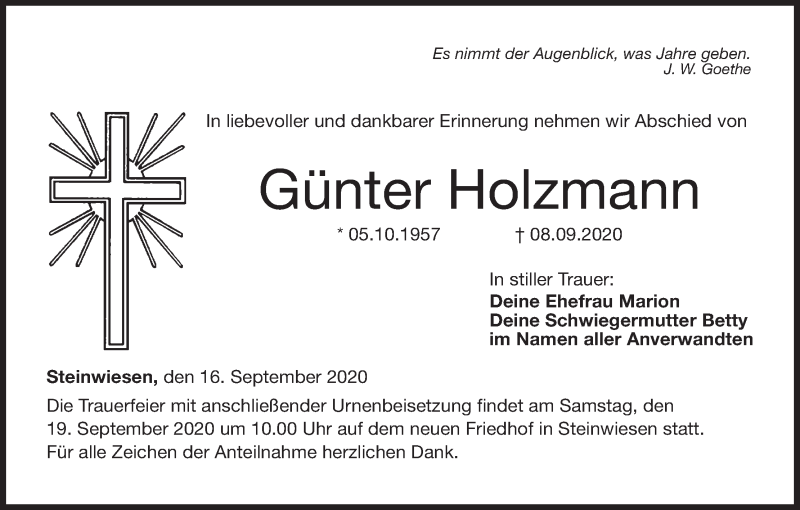  Traueranzeige für Günter Holzmann vom 16.09.2020 aus MGO