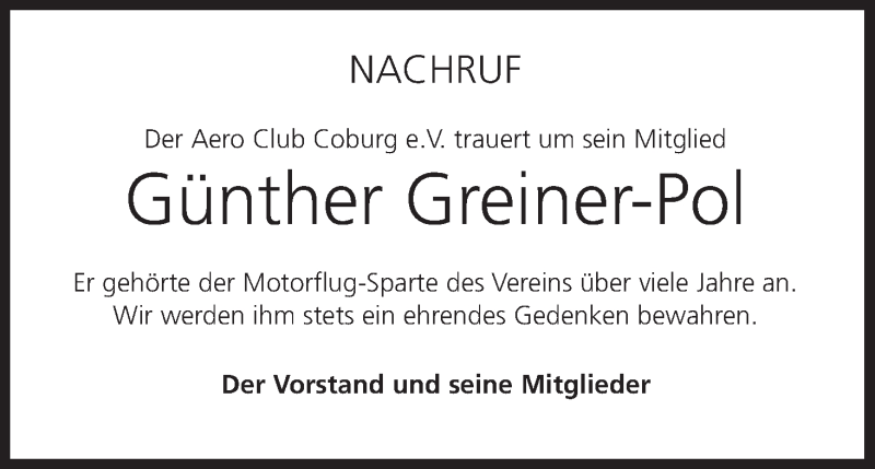  Traueranzeige für Günther Greiner-Pol vom 16.09.2020 aus MGO