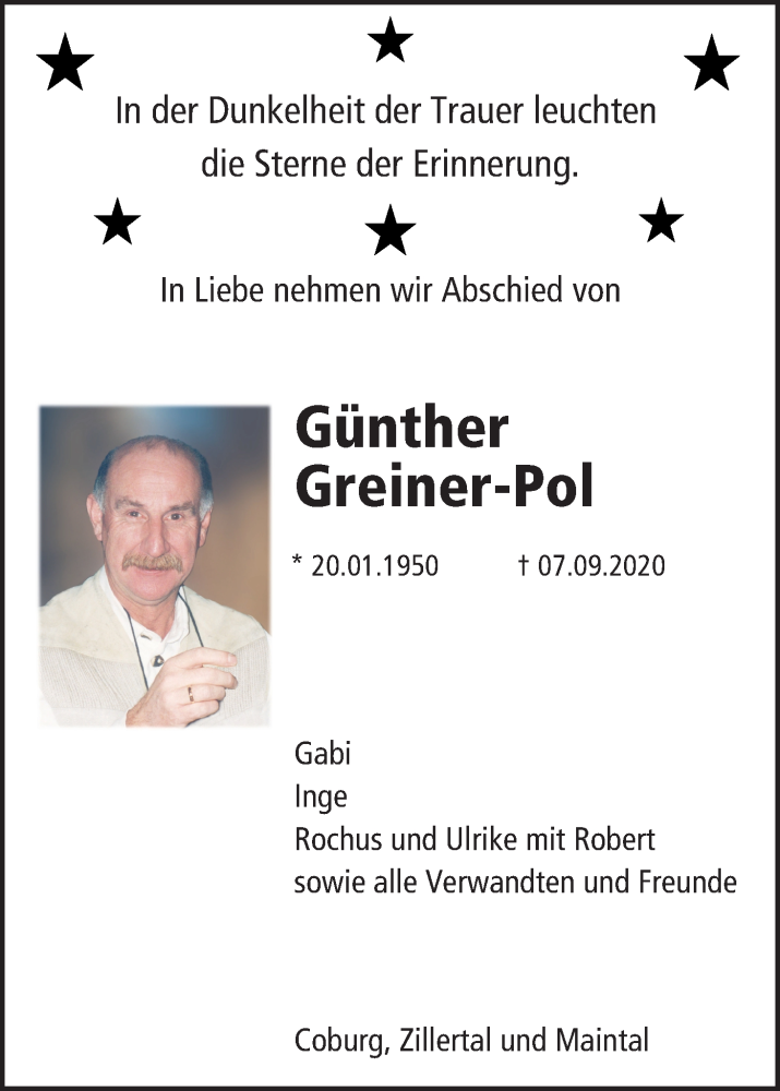  Traueranzeige für Günther Greiner-Pol vom 12.09.2020 aus MGO