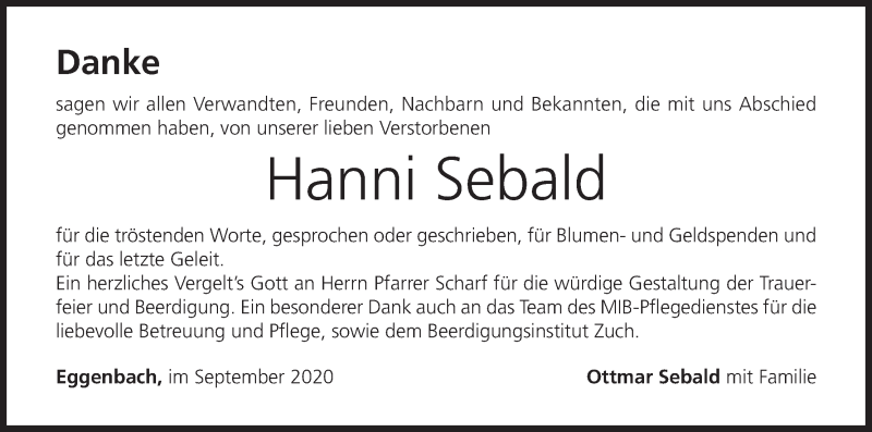  Traueranzeige für Hanni Sebald vom 12.09.2020 aus MGO