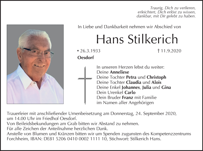  Traueranzeige für Hans Stilkerich vom 19.09.2020 aus MGO