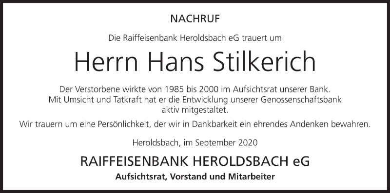  Traueranzeige für Hans Stilkerich vom 24.09.2020 aus MGO