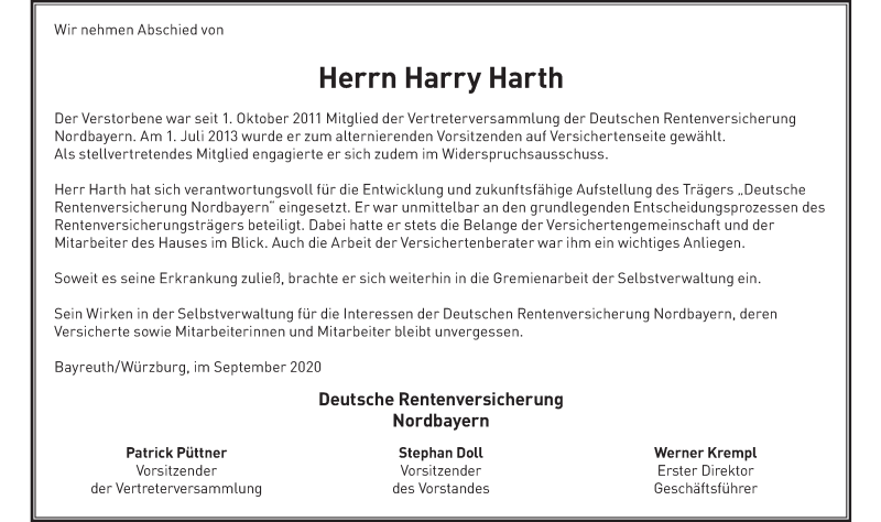  Traueranzeige für Harry Harth vom 29.09.2020 aus MGO