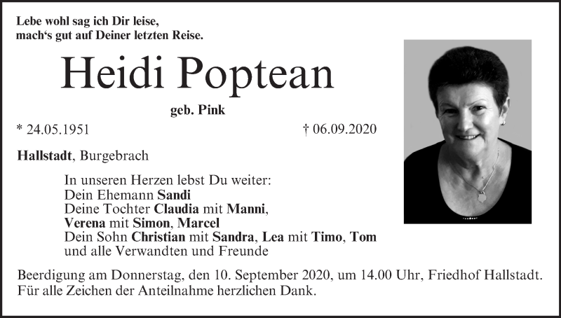  Traueranzeige für Heidi Poptean vom 08.09.2020 aus MGO