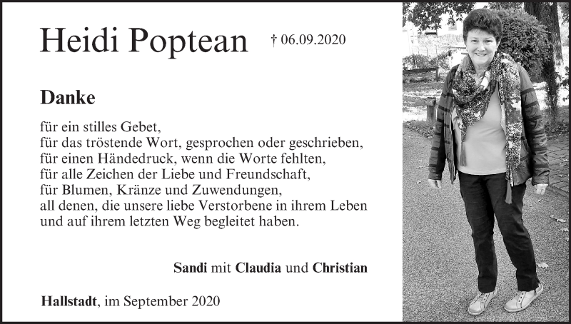  Traueranzeige für Heidi Poptean vom 19.09.2020 aus MGO