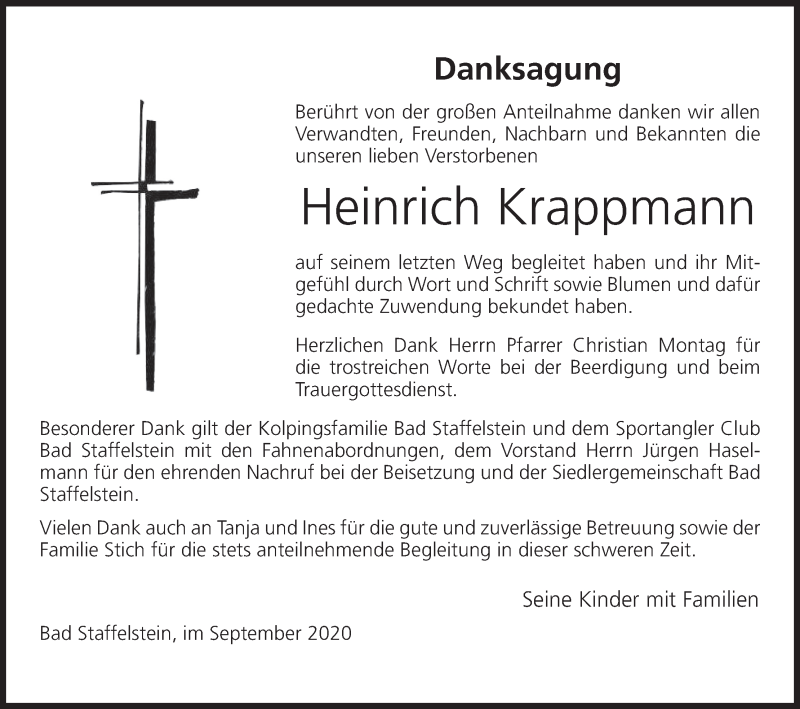  Traueranzeige für Heinrich Krappmann vom 05.09.2020 aus MGO