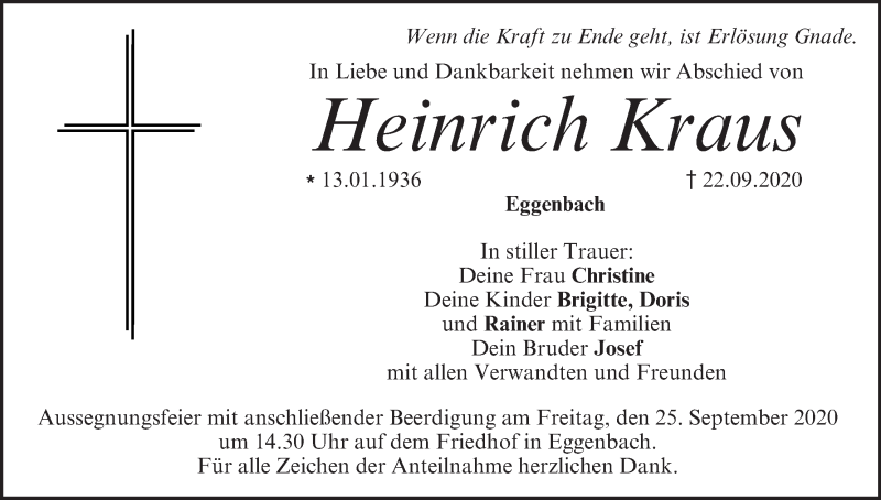  Traueranzeige für Heinrich Kraus vom 24.09.2020 aus MGO