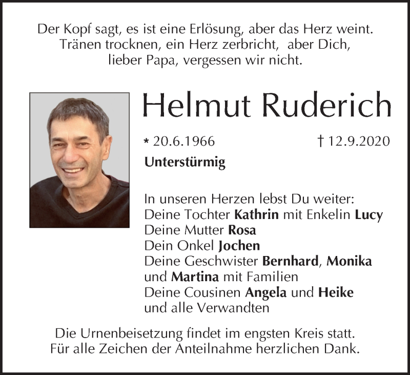  Traueranzeige für Helmut Ruderich vom 19.09.2020 aus MGO