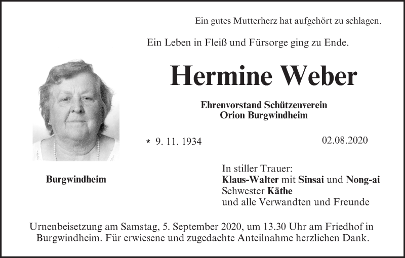  Traueranzeige für Hermine Weber vom 02.09.2020 aus MGO