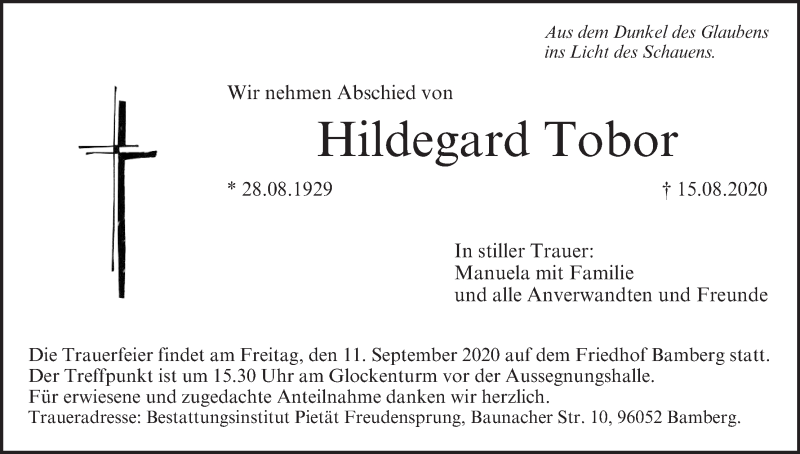  Traueranzeige für Hildegard Tobor vom 05.09.2020 aus MGO