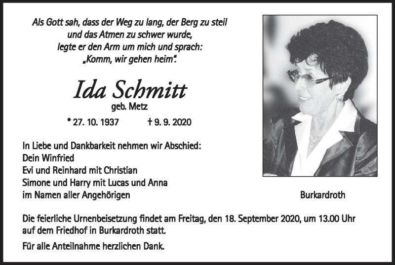  Traueranzeige für Ida Schmitt vom 17.09.2020 aus MGO