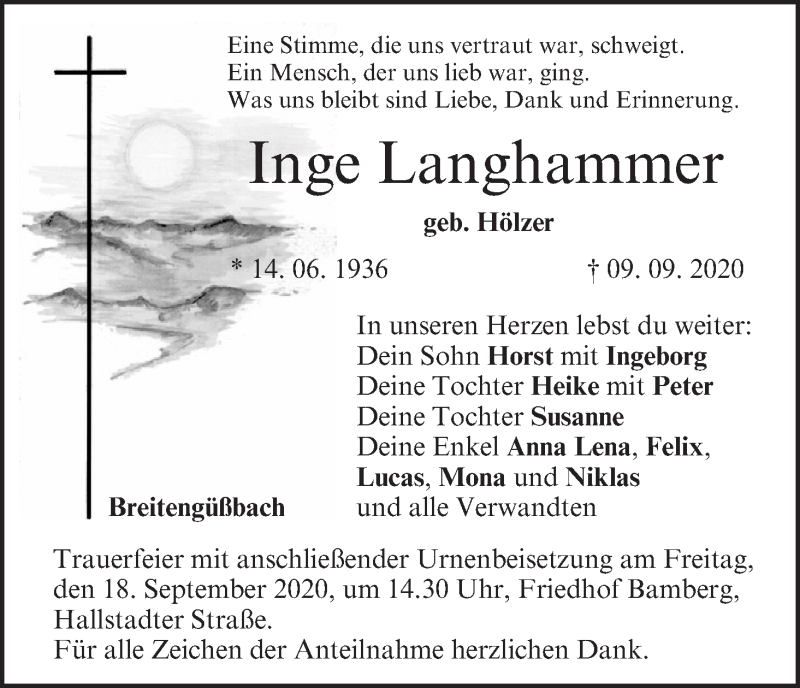  Traueranzeige für Inge Langhammer vom 12.09.2020 aus MGO