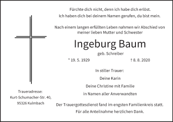 Anzeige von Ingeburg Baum von MGO