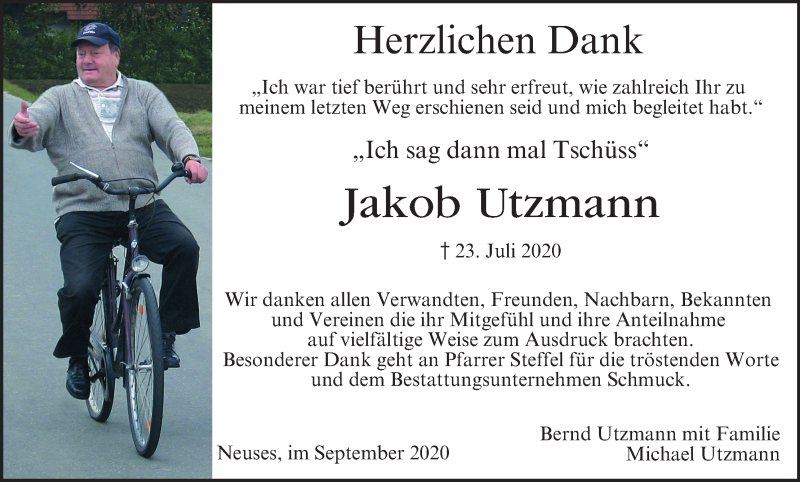  Traueranzeige für Jakob Utzmann vom 05.09.2020 aus MGO