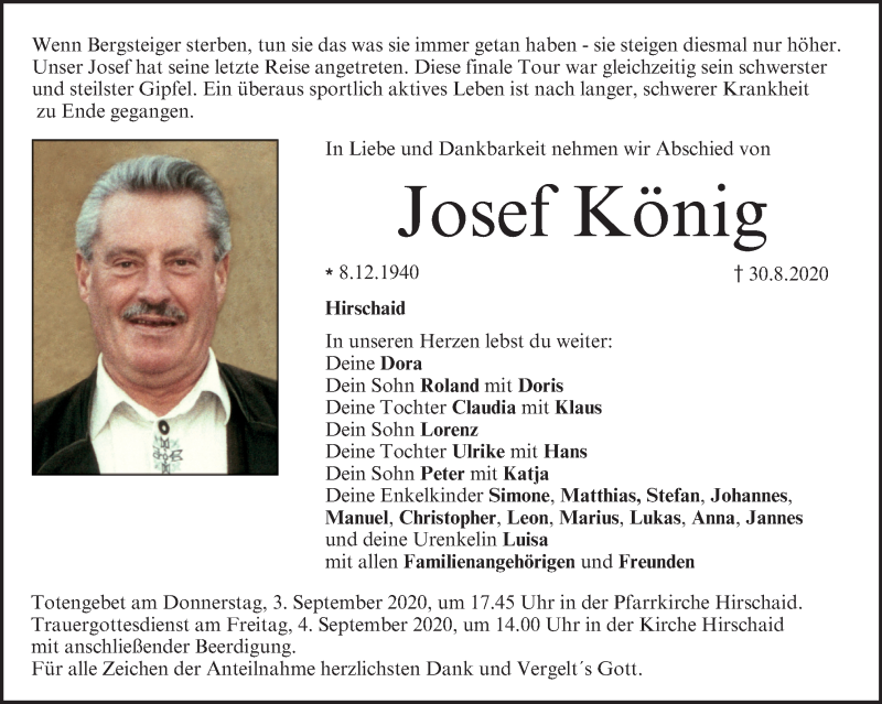  Traueranzeige für Josef König vom 02.09.2020 aus MGO