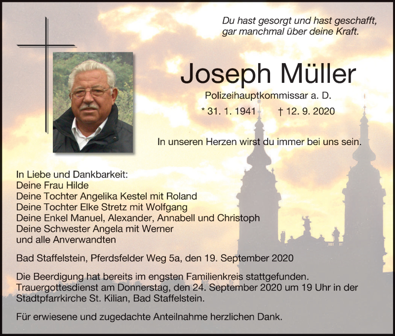  Traueranzeige für Joseph Müller vom 19.09.2020 aus MGO
