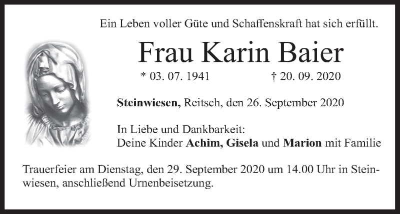  Traueranzeige für Karin Baier vom 26.09.2020 aus MGO