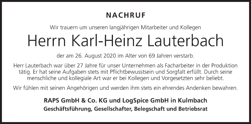 Traueranzeige für Karl-Heinz Lauterbach vom 09.09.2020 aus MGO