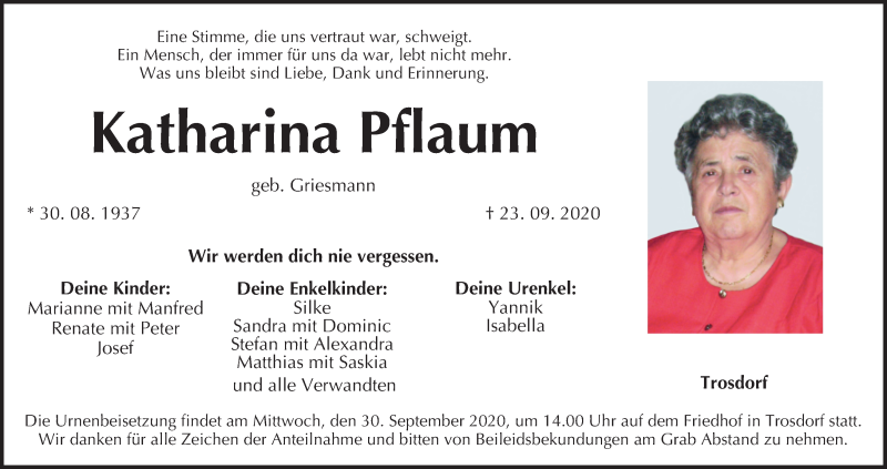  Traueranzeige für Katharina Pflaum vom 26.09.2020 aus MGO