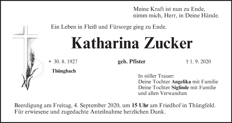  Traueranzeige für Katharina Zucker vom 03.09.2020 aus MGO