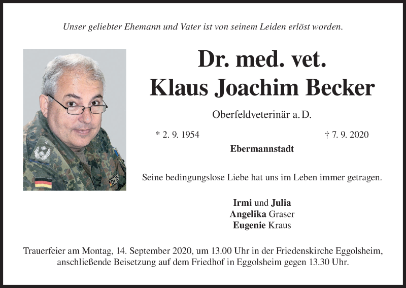  Traueranzeige für Klaus Joachim Becker vom 11.09.2020 aus MGO
