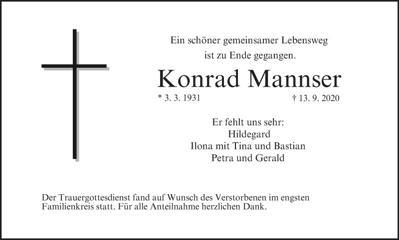  Traueranzeige für Konrad Mannser vom 26.09.2020 aus MGO