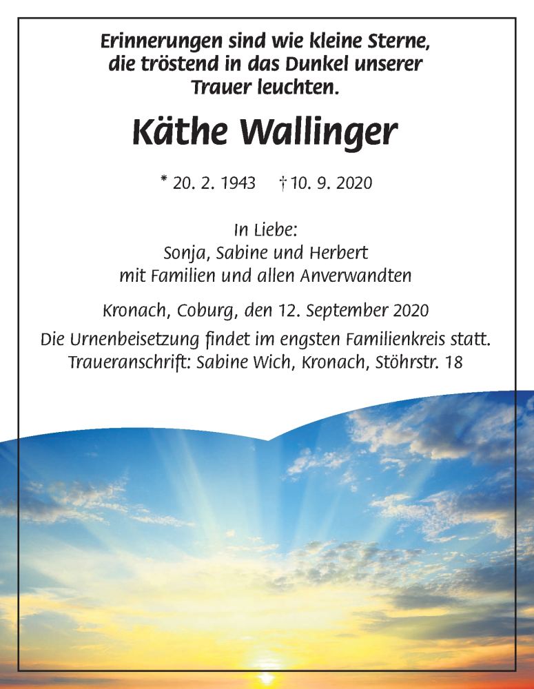  Traueranzeige für Käthe Wallinger vom 12.09.2020 aus MGO