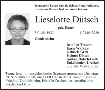 Anzeige von Lieselotte Dütsch von MGO