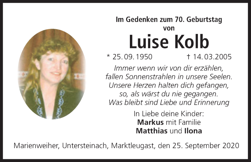  Traueranzeige für Luise Kolb vom 25.09.2020 aus MGO