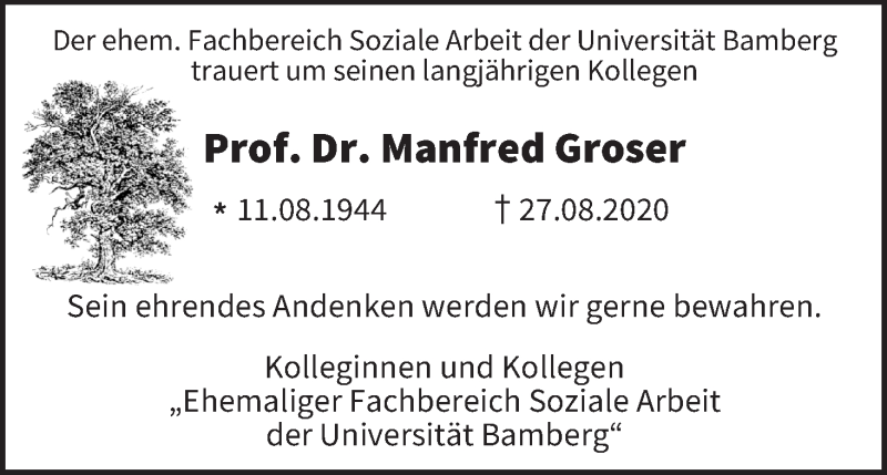  Traueranzeige für Manfred Groser vom 05.09.2020 aus MGO