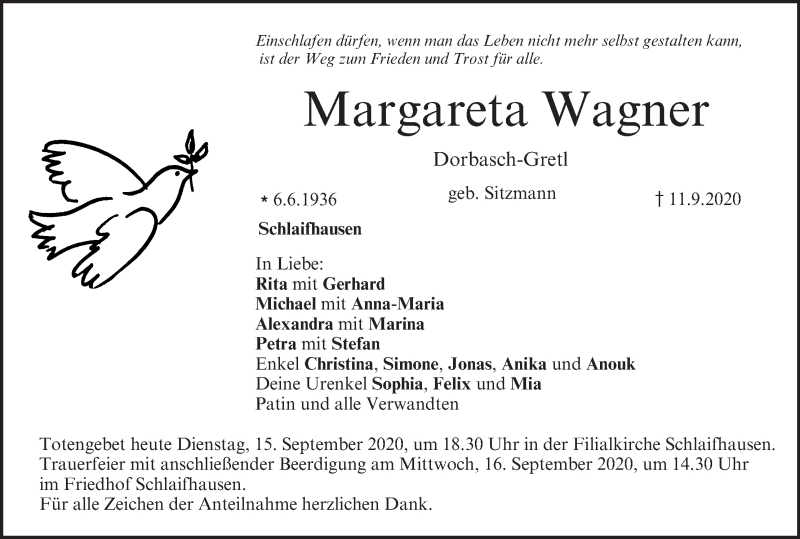  Traueranzeige für Margareta Wagner vom 15.09.2020 aus MGO